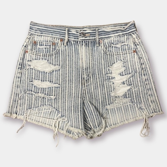 EUC American Eagle High Rise Distressed Ripped Stripe Shorts Denim Size 4 - Picture 1 of 5